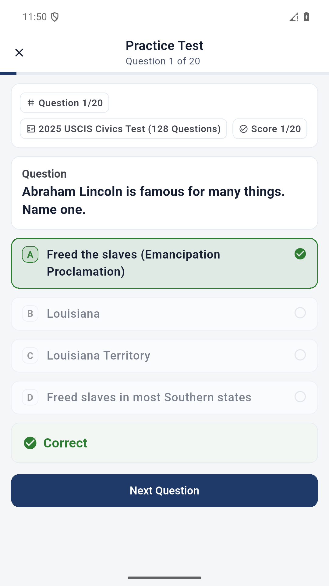 Actual English app screen showing a correct practice answer