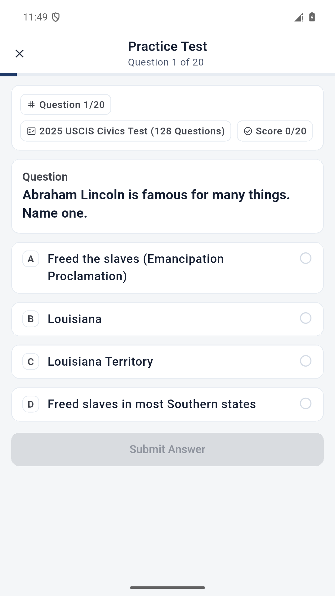 Actual app screen showing a 2025 civics multiple-choice practice question