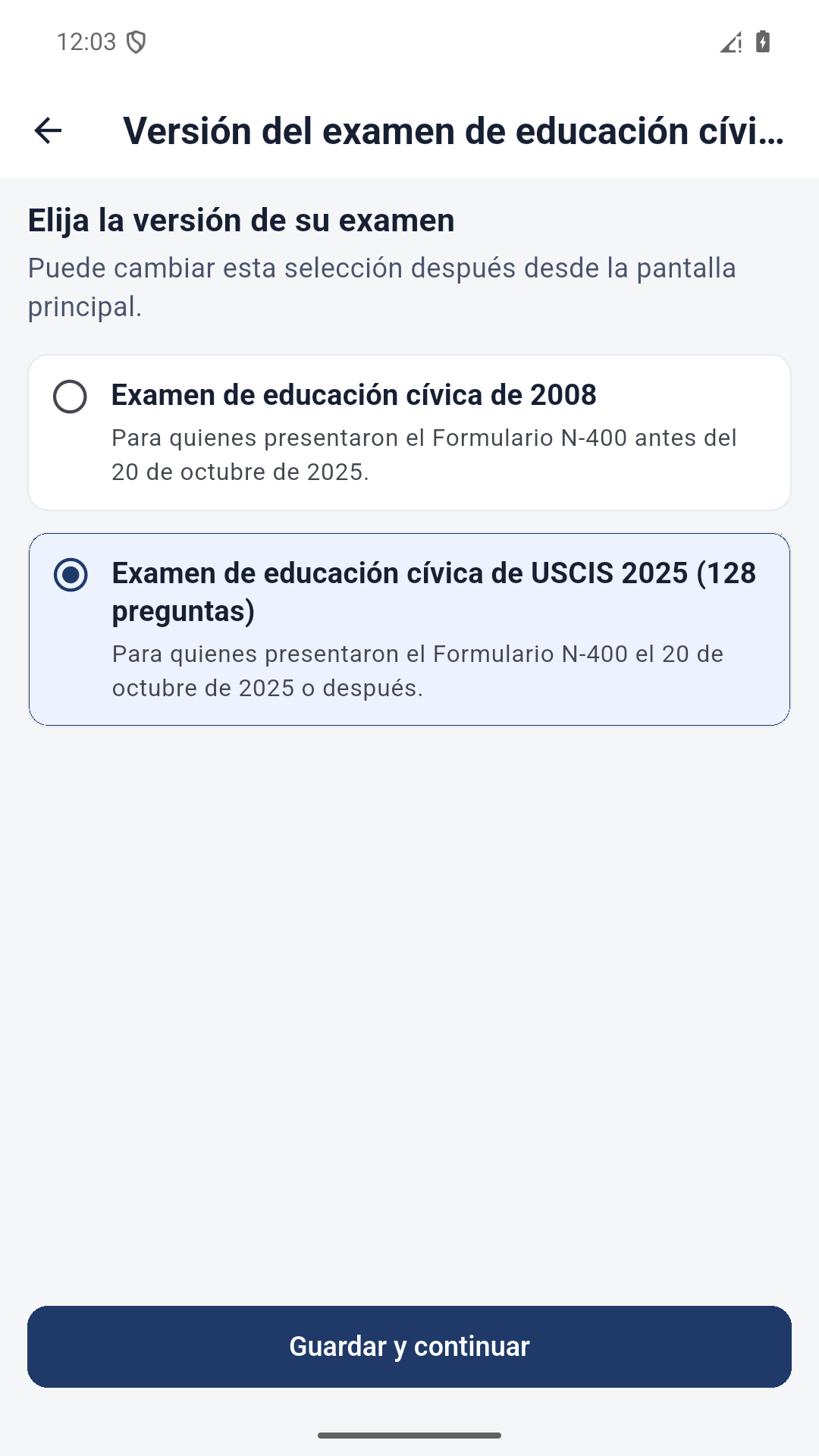 Actual Spanish app screen for choosing the 2008 or 2025 civics test version